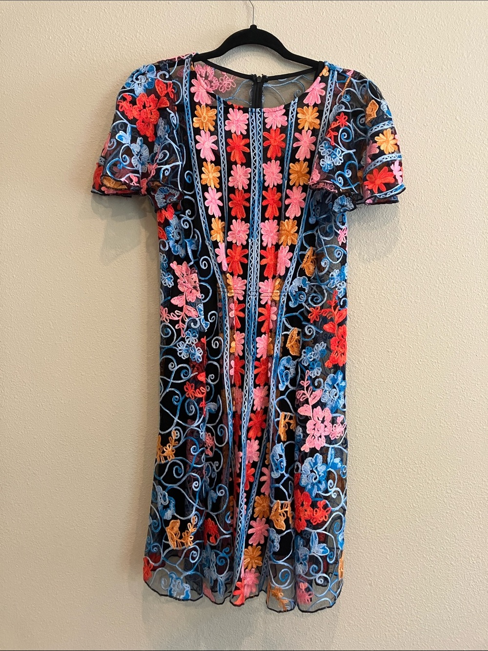 Eva Franco Black Sheer Midi Dress with Multicolor Floral Embroidery